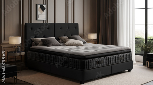A high-quality dark grey bed with a comfortable mattress.