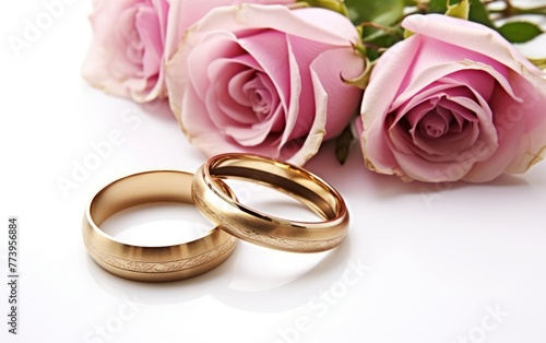 Pink flowers and two golden wedding rings on white background