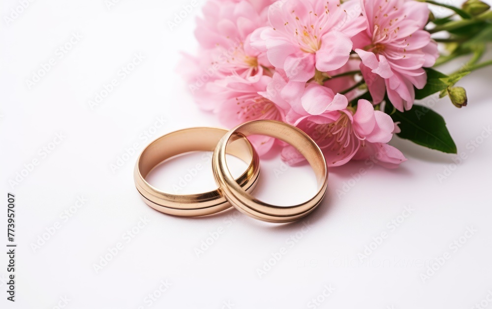 Pink flowers and two golden wedding rings on white background Pink flowers and two golden wedding rings on white background