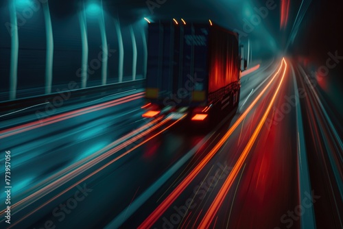 Trucks on highway, street in night time. Motion blur, light trails. Transportation, logistic. Timelapse, hyperlapse of transportation. Abstract soft glowing lines © ERiK