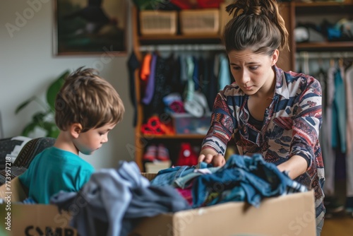 Woman and son sorting clothes and packing into cardboard box. Donations for charity, help low income families, declutter home, sell online, moving moving into new home, recycling, sustainable living