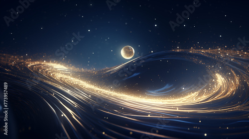 Wallpaper Mural Paysage d'une planète, univers, lune sur fond bleu nuit, avec des éléments graphiques dorés. Fond ciel étoilé. Nuit, magique. Pour conception et création graphique. Torontodigital.ca