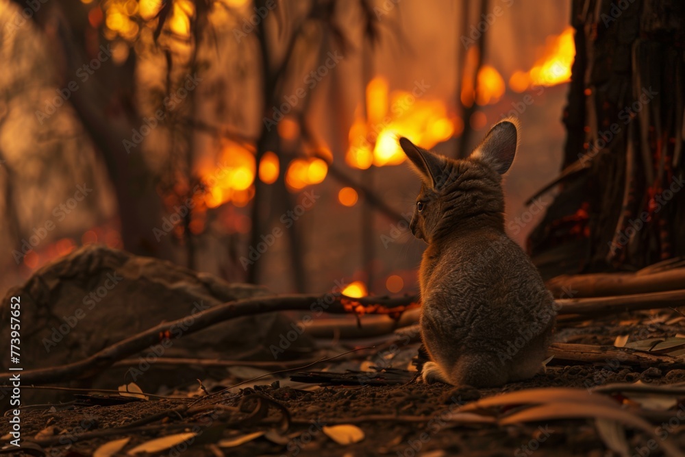 Kangaroo Observing Wildfire, Wildlife in Natural Disaster Scenario, Concept of Climate Change and Environment