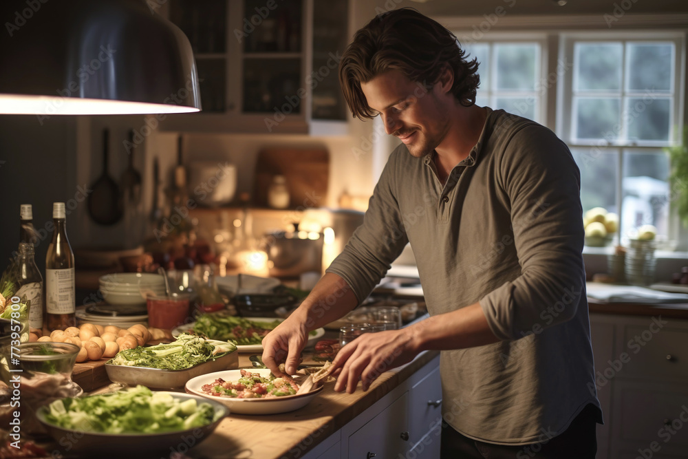 A man is in the kitchen cooking a dish, following a recipe and using various ingredients. He is showcasing his culinary skills and will soon share the food with others at the table