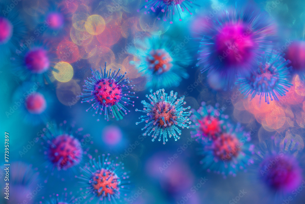 A bunch of colorful viruses are floating in the air