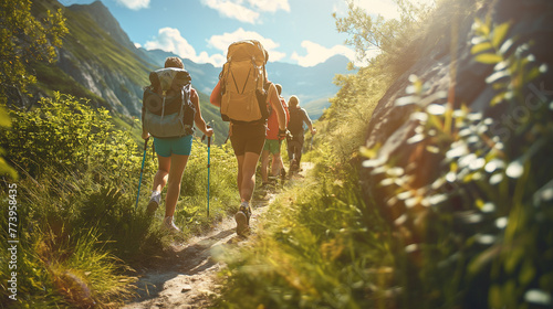 A group of people are hiking up a mountain trail