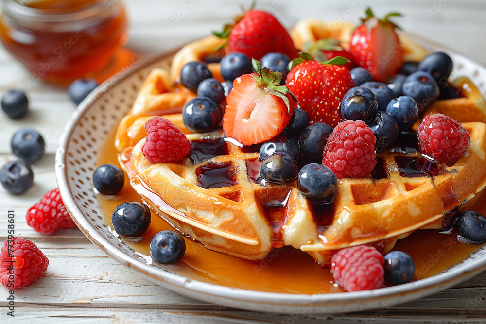 Wake to a morning delight with freshly baked waffles adorned with berries and syrup drizzle, cafe menu Wake to a morning delight with freshly baked waffles adorned with berries and syrup drizzle, cafe menu