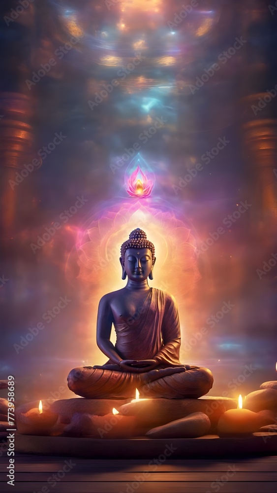 Enlightened Buddha meditating surrounded by candles and cosmic energy, transcending into spiritual enlightenment and inner peace Enlightened Buddha meditating surrounded by candles and cosmic energy, transcending into spiritual enlightenment and inner peace