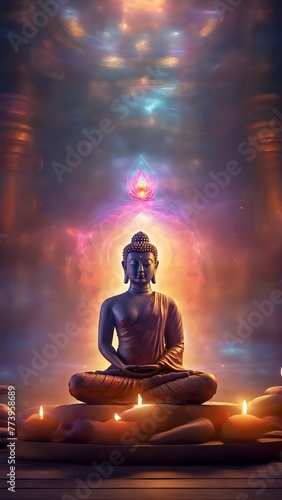 Enlightened Buddha meditating surrounded by candles and cosmic energy, transcending into spiritual enlightenment and inner peace