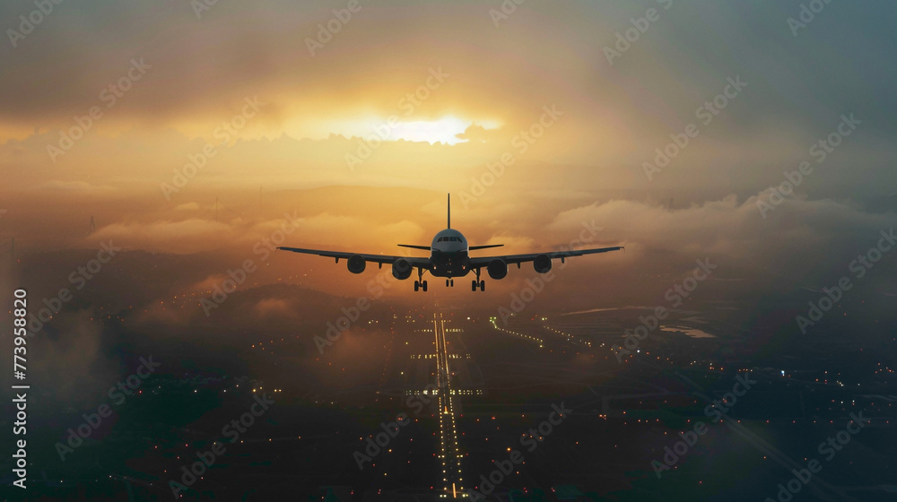 Passenger plane take off from runways against beautiful dusky sky. Airplane taking off from the airport.Airplane taking off from runway at sunset Passenger plane take off from runways against beautiful dusky sky. Airplane taking off from the airport.Airplane taking off from runway at sunset