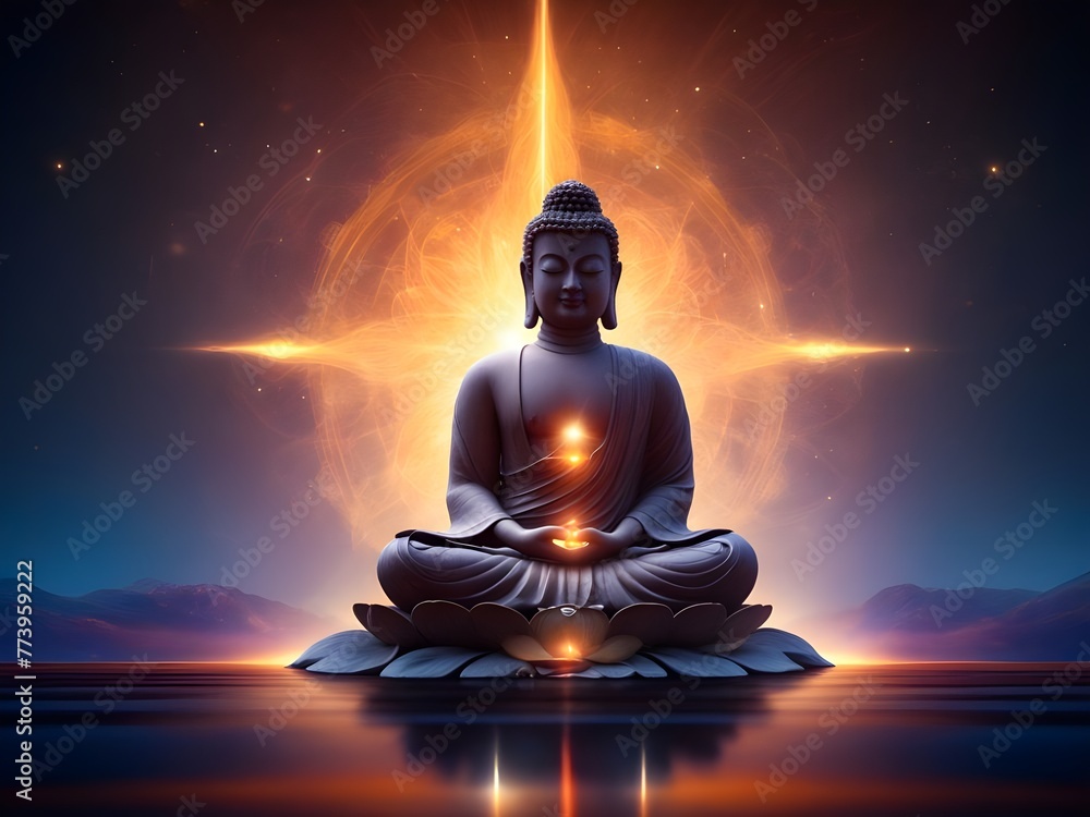 Enlightened Buddha meditating surrounded by candles and cosmic energy, transcending into spiritual enlightenment and inner peace Enlightened Buddha meditating surrounded by candles and cosmic energy, transcending into spiritual enlightenment and inner peace