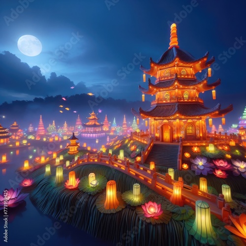 A claymation image of a serene colorful nighttime lantern festival illuminating the sky