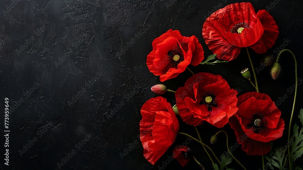 Red poppies on black background. Generative Ai Red poppies on black background. Generative Ai