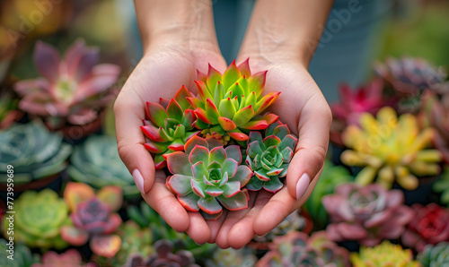 Hands delicately hold a colorful succulent plant,  Generative AI 