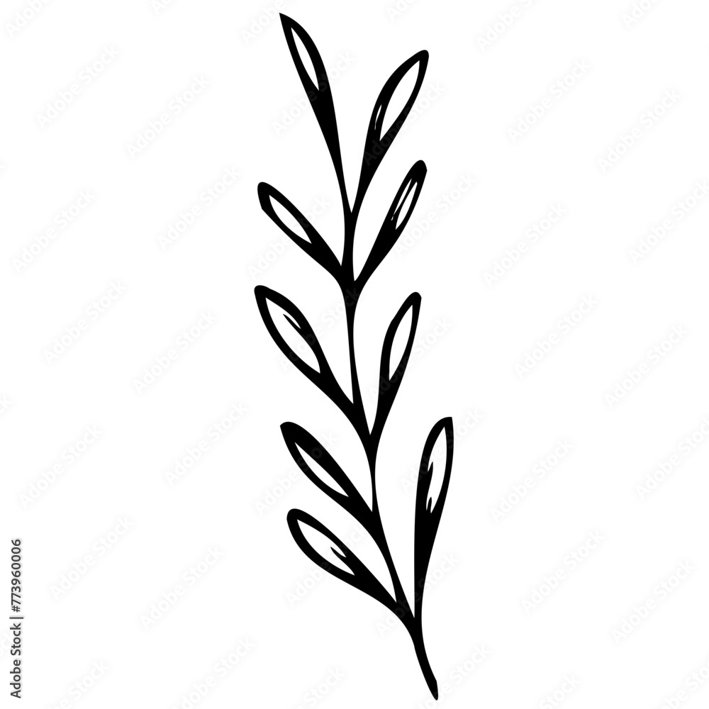 Hand drawn leaves line linear black strock Symbol visual illustration Botanical drawing. Minimal plant logo, meadow greenery, leaf and blooming flower abstract sketch element collection, linear rustic