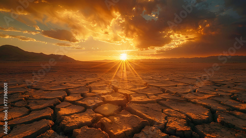 Sunset Over Dry Cracked Desert Landscape Exemplifying Climate Change