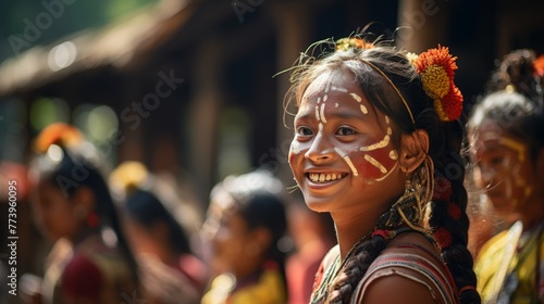 Close up detailed shot of smiling faces with colorful makeup in accordance with cultural traditions photo