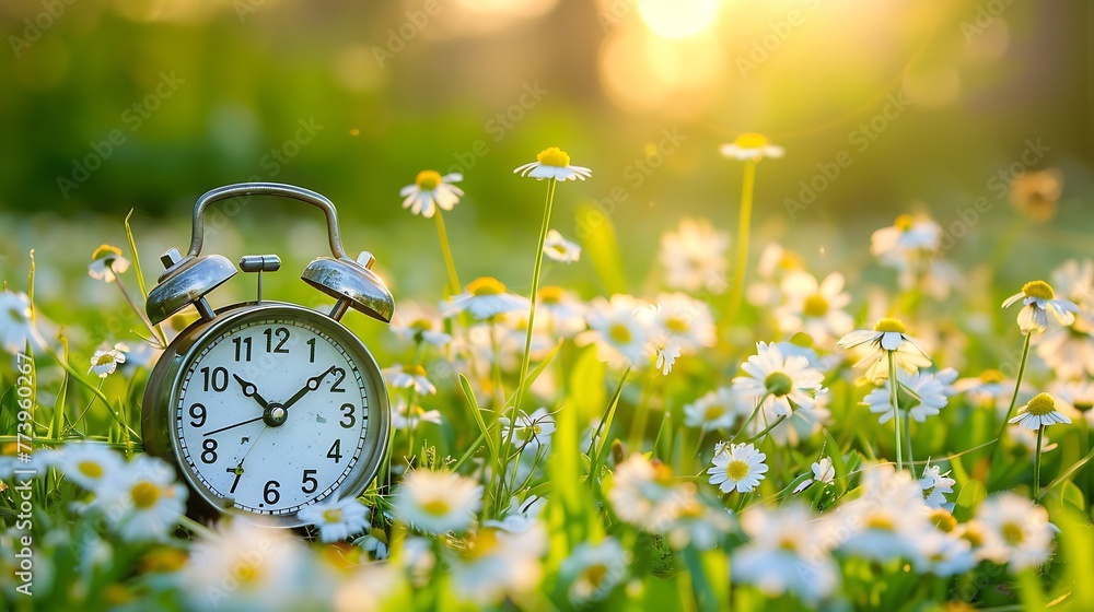 custom made wallpaper toronto digitalSpring forward. Time change in spring. Daylight saving time. Alarm clock. Generative Ai