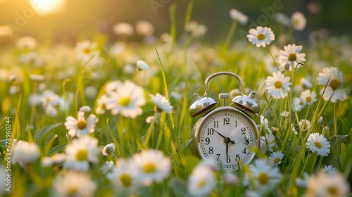 Spring forward. Time change in spring. Daylight saving time. Alarm clock. Generative Ai