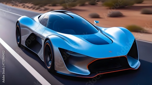 Sleek blue sports car speeding on a desert highway  showcasing futuristic design and high-performance automotive engineering