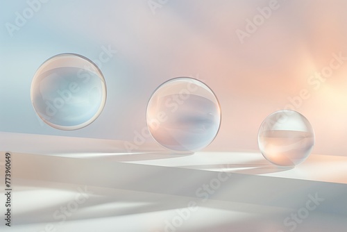 Three transparent spheres floating on a soft pastel colored background with gentle lighting.