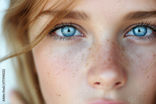 A woman with blue eyes and a light brown nose