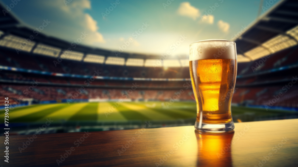 Chilled Beer Glass on Wooden Surface at Stadium - obrazy, fototapety, plakaty 