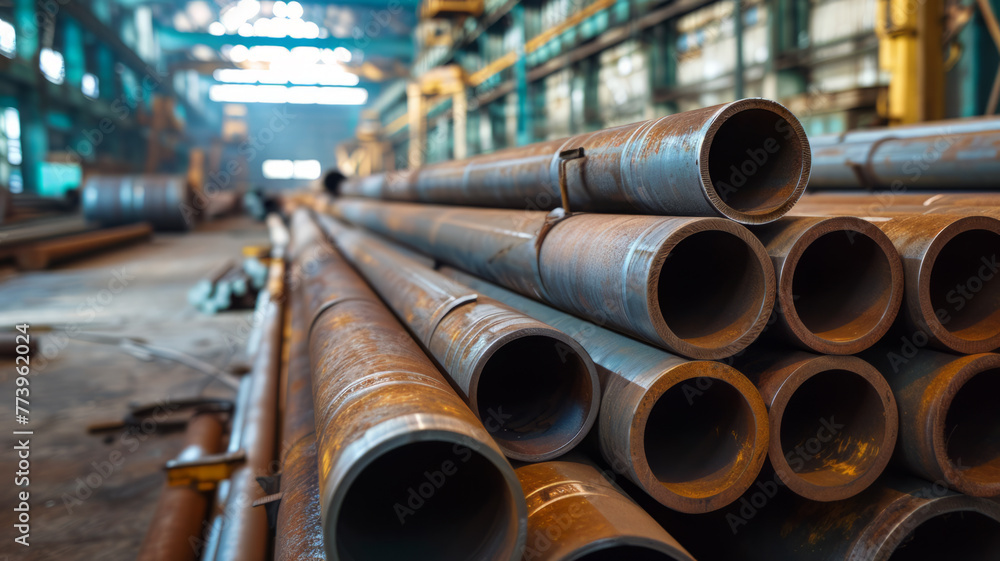Rustic Steel Pipes Stacked in Industrial Warehouse