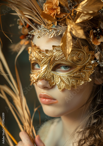 GIRL WITH VENETIAN MASK WITH GOLDEN FEATHERS AND GOLDEN FLOWERS