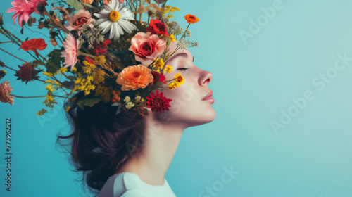 Graceful Woman in Profile with a Vibrant Blue Flower Crown on a Soft Blue Background © Natalia Klenova