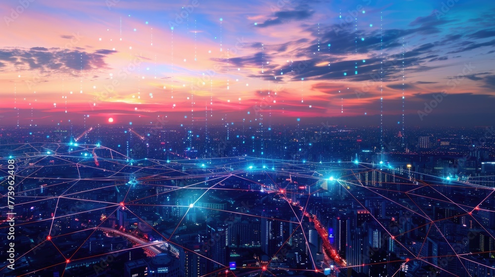 City view at night, business network connections concept. City view at night, business network connections concept.