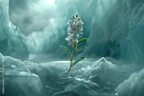 Generate an image of a delicate flower plant thriving in the crevices of an iceberg, where warmth and life emerge unexpectedly in the frozen expanse photo