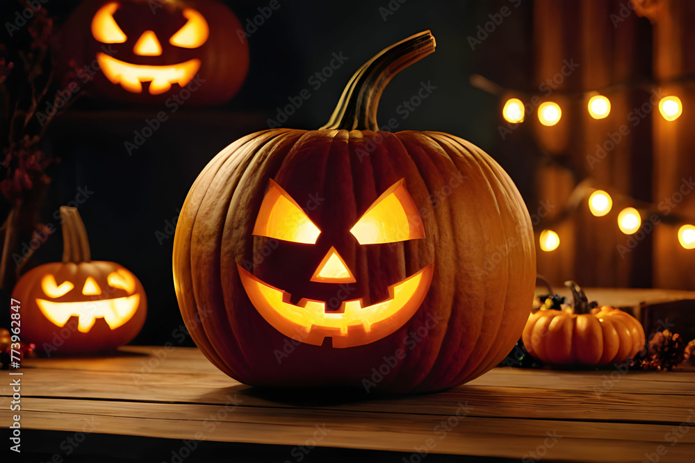 Fototapeta premium Big pumpkin with carved funny glowing face standing on background of Halloween decor. Close up of jack-o-lantern standing on right side on wooden table. Halloween holiday concept. Blurred background