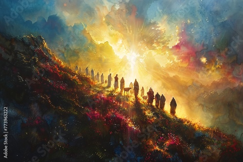 Sunrise Meditation A Group of People Walking in the Sunlight Generative AI