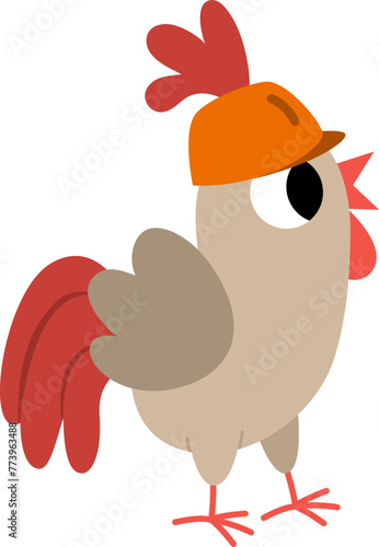 Vector cockerel in hard hat. Construction site worker illustration for kids. Funny builder rooster character. Cute bird repairmen icon isolated on white background.