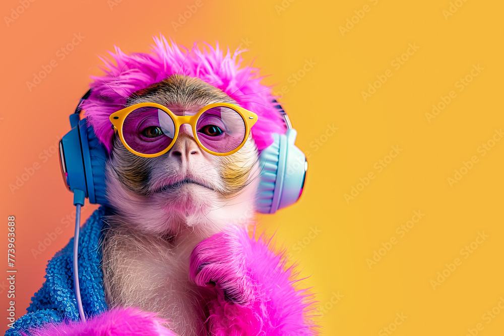 cute colorful monkey listens to music with trendy sunglasses