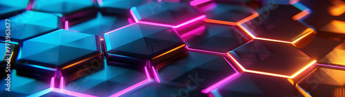 Hexagon background with colorful light effects, banner, created with generative AI technology 