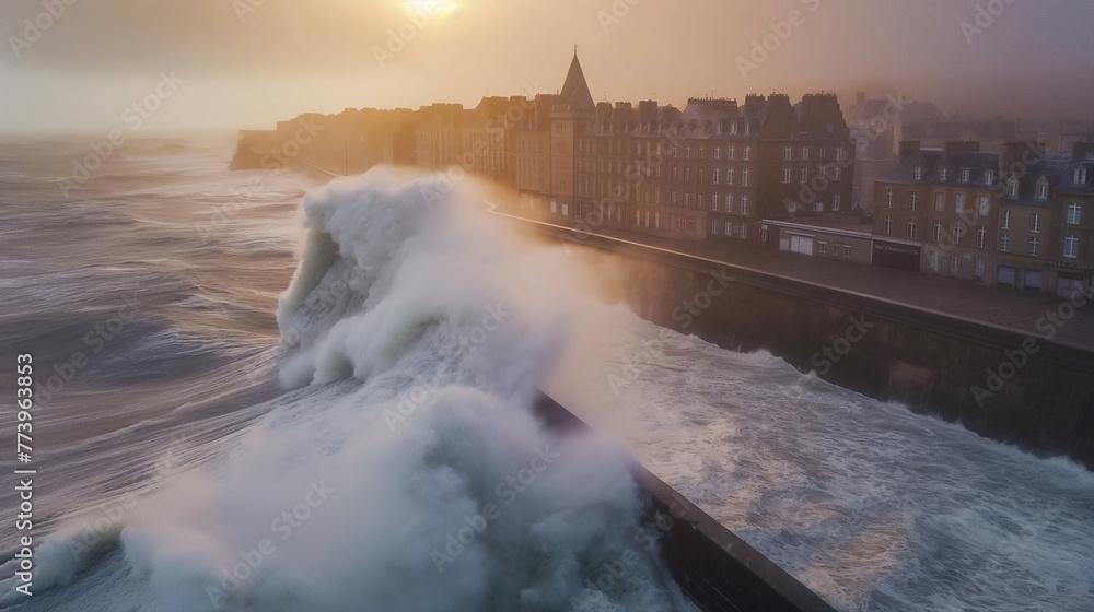 Ocean waves crashing against a town in Normandy.