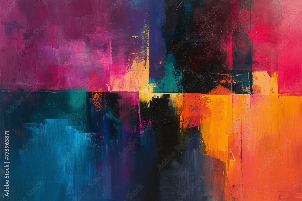 Abstract art against a dark background, where vibrant colors and dynamic shapes intertwine.