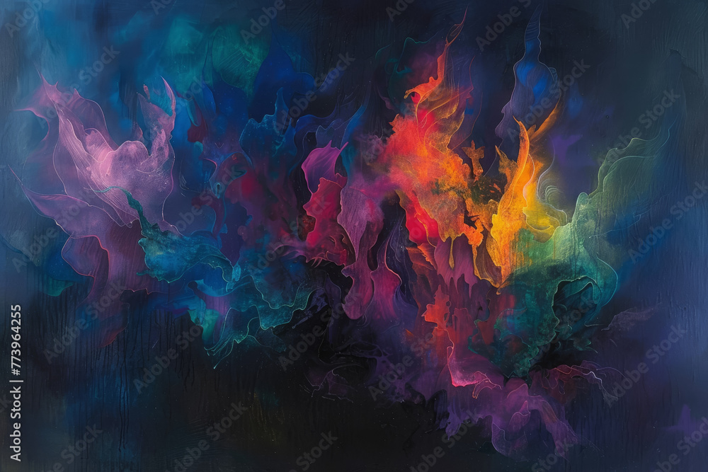 Fototapeta premium Abstract art against a dark background, where vibrant colors and dynamic shapes intertwine.
