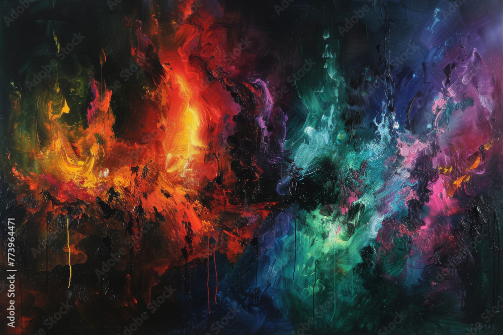 Fototapeta premium Abstract art against a dark background, where vibrant colors and dynamic shapes intertwine.