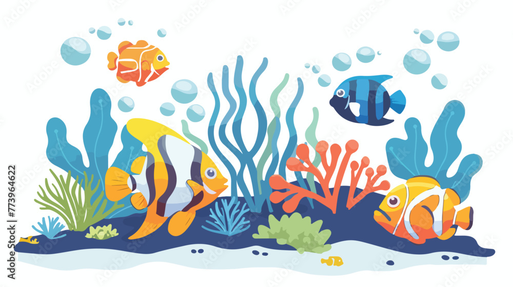 Cartoon tropical fish and beautiful underwater world w