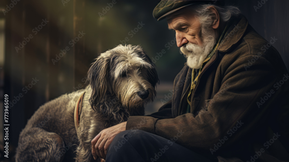 Senior Man with Dog Contemplating in Misty Woods Senior Man with Dog Contemplating in Misty Woods