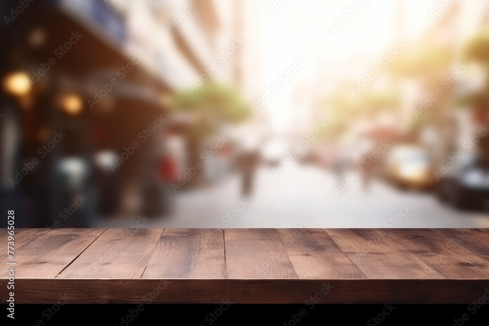 Wooden Table Top Overlooking Blurry City Street