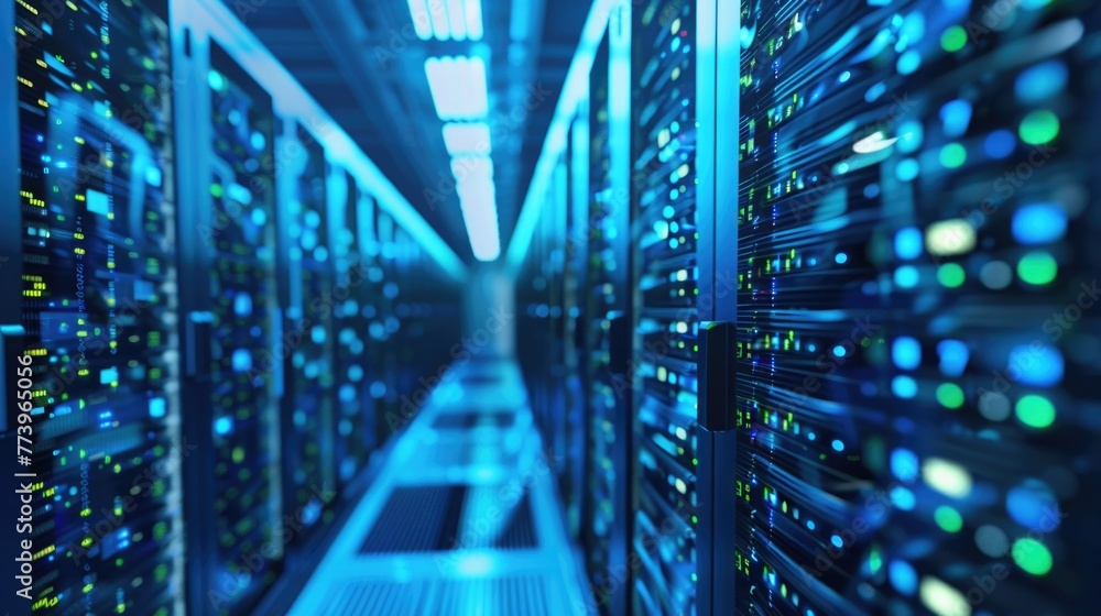 Fototapeta premium Shot of Corridor in Working Data Center Full of Rack Servers and Supercomputers with High Internet Visualisation Projection.