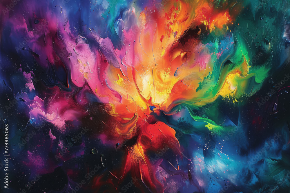 Fototapeta premium Abstract art against a dark background, where vibrant colors and dynamic shapes intertwine.