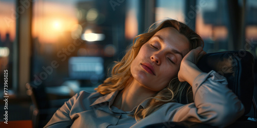 Geschäftsfrau macht Überstunden und schläft vor erschöpfung im Büro ein photo