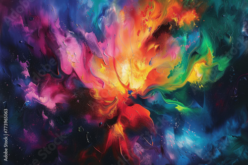 Abstract art against a dark background  where vibrant colors and dynamic shapes intertwine.