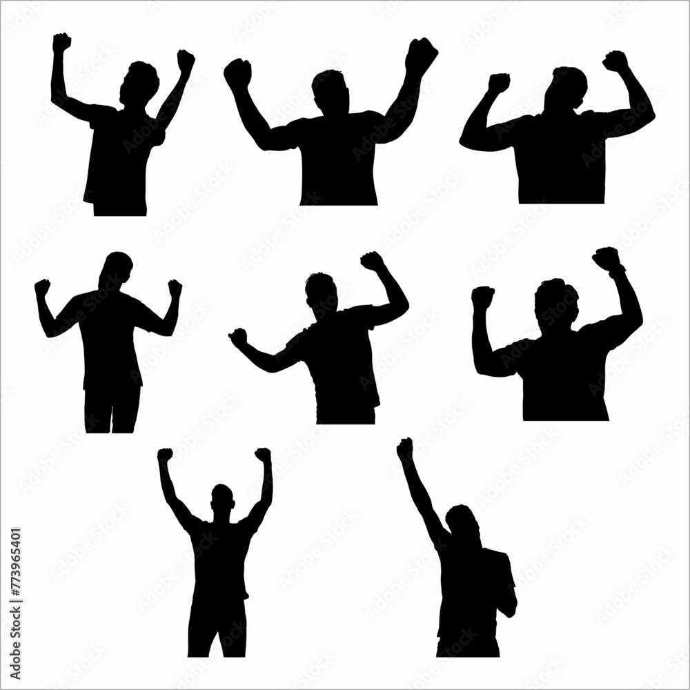 Collection of silhouettes of a man raising his hand, happy, successful, music, disc jockey, music room