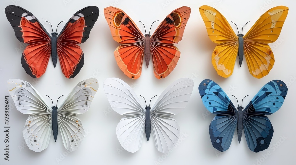 A series of paper butterflies are displayed in a row, with each one having a different color. The butterflies are all cut out and arranged in a way that creates a visually appealing display A series of paper butterflies are displayed in a row, with each one having a different color. The butterflies are all cut out and arranged in a way that creates a visually appealing display